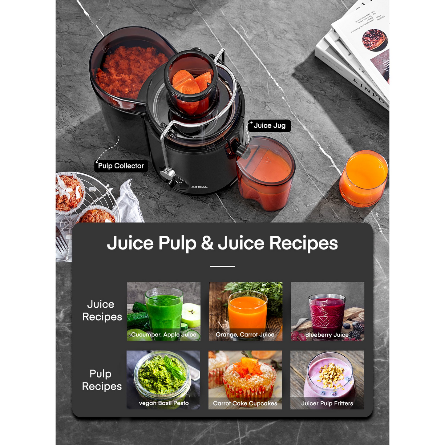 Juicer Machines, Aiheal Centrifugal Juicer with 3” Wide Mouth, 3 Speed Control, Overload Protection System, Cleaning Brush and Recipe Included, Black