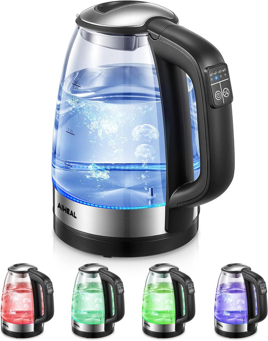 Electric Kettle, Aiheal Glass Kettle Temperature Control With 5 Colors LED Lights Variable, Keep Warm, Fast Boiling Electric Kettle, Stainless Steel Inner Lid & Bottom, 1.7L