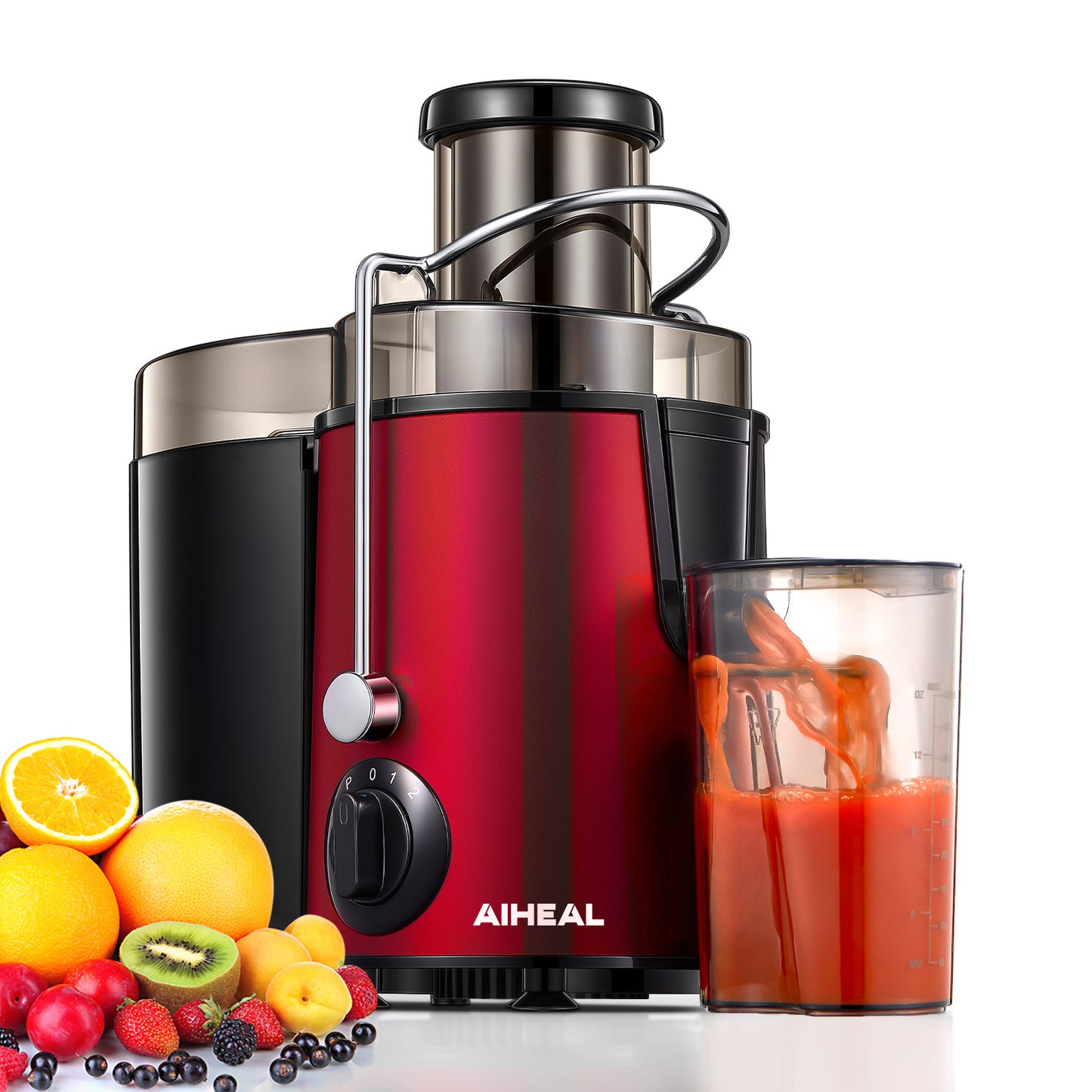 Aiheal Juicer Machines, Centrifugal Juicer Extractor 3 Speeds with 3'' Feed Chute for Whole Fruit and Vegetables, Stainless Steel, Easy to Clean, Cleaning Brush and Recipe Included, RED