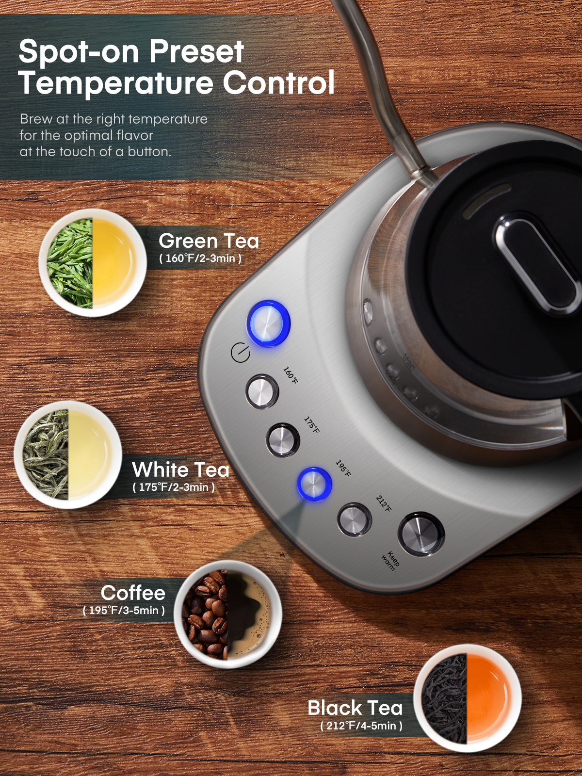 Electric Gooseneck Glass Kettle with Temperature Control, 1200W Rapid Boiling Electric Kettle for Pour-Over Tea Coffee, LCD Display, 2H Keep Warm, 0.8L, Silver