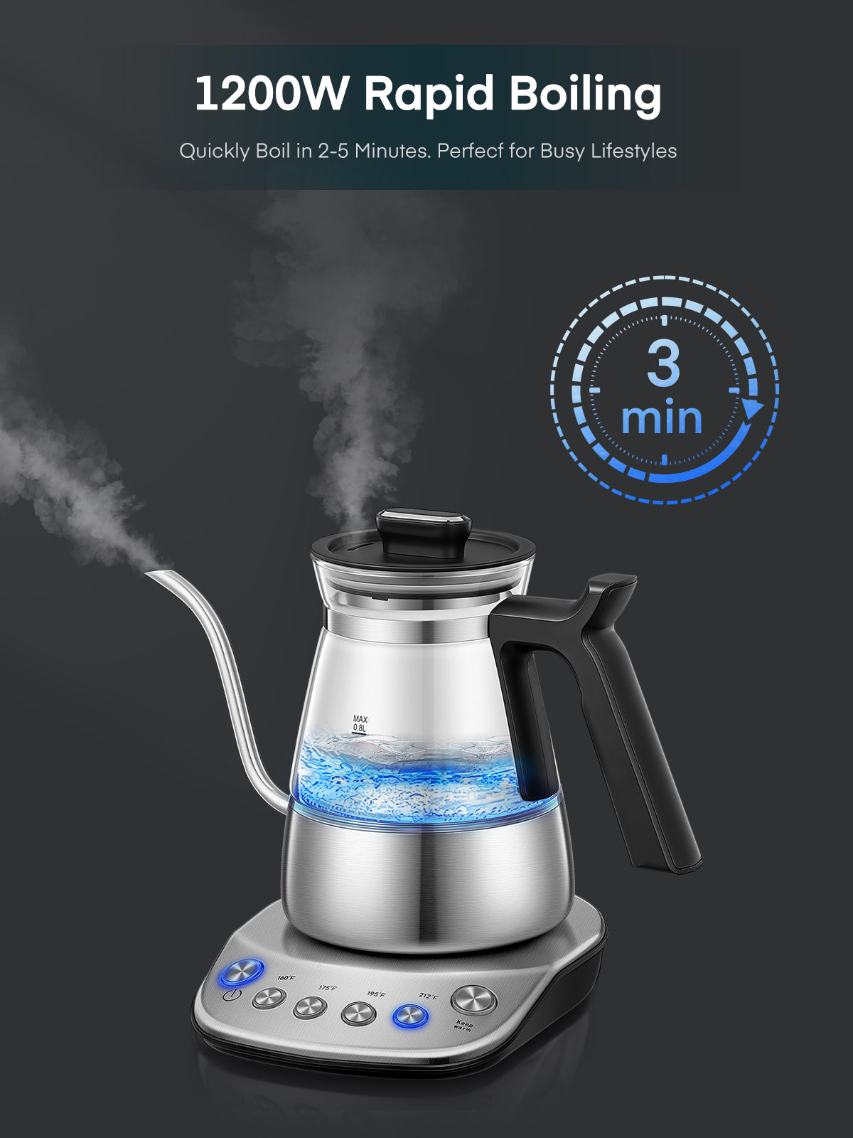 Electric Gooseneck Glass Kettle with Temperature Control, 1200W Rapid Boiling Electric Kettle for Pour-Over Tea Coffee, LCD Display, 2H Keep Warm, 0.8L, Silver