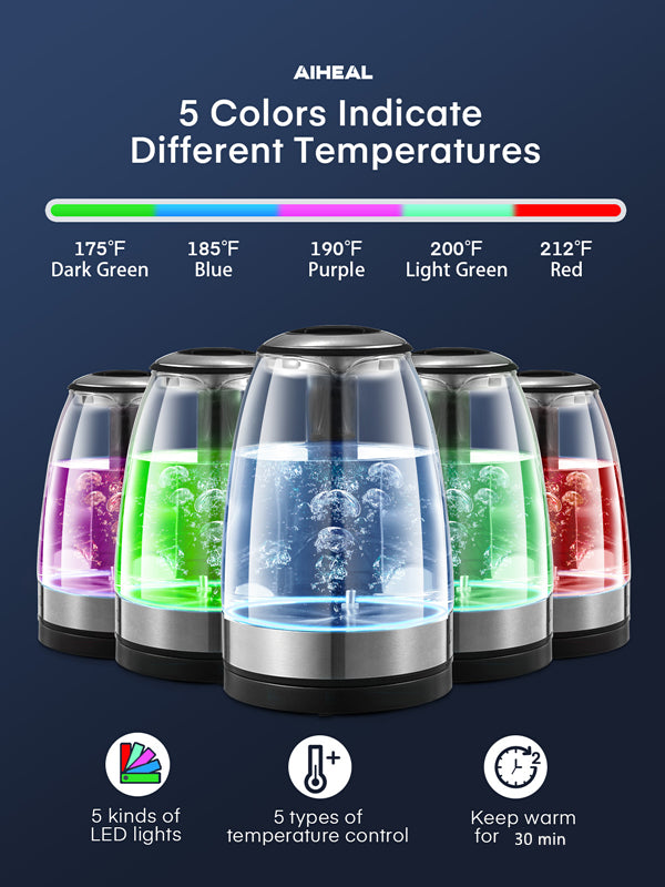 Electric Kettle, Aiheal Glass Kettle Temperature Control With 5 Colors LED Lights Variable, Keep Warm, Fast Boiling Electric Kettle, Stainless Steel Inner Lid & Bottom, 1.7L