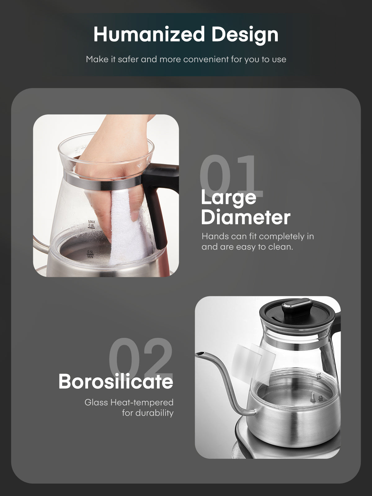 Electric Gooseneck Glass Kettle with Temperature Control, 1200W Rapid Boiling Electric Kettle for Pour-Over Tea Coffee, LCD Display, 2H Keep Warm, 0.8L, Silver