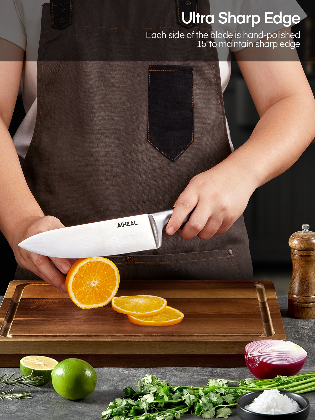 Aiheal Knife Set, 14PCS Stainless Steel Kitchen Knife Set with Clear Knife Block, No Rust and Super Sharp Cutlery Knife Set in One Piece Design with Knife Sharpener for Kitchen, Serrated Steak Knives
