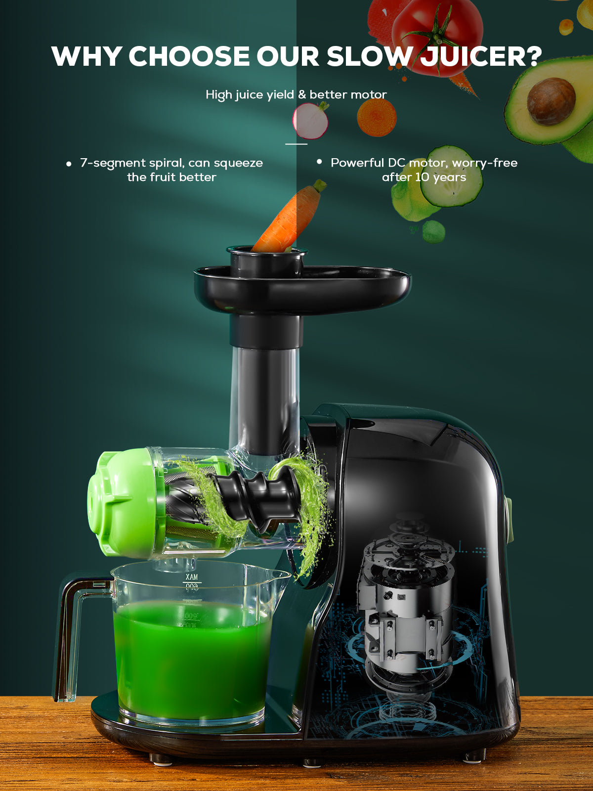 Juicer Machines, Aiheal Celery Slow Masticating Juicer Extractor Easy to Clean with Brush, Cold Press Juicer with Quiet Motor & Reverse Function for Fruits & Vegetables, Recipes
