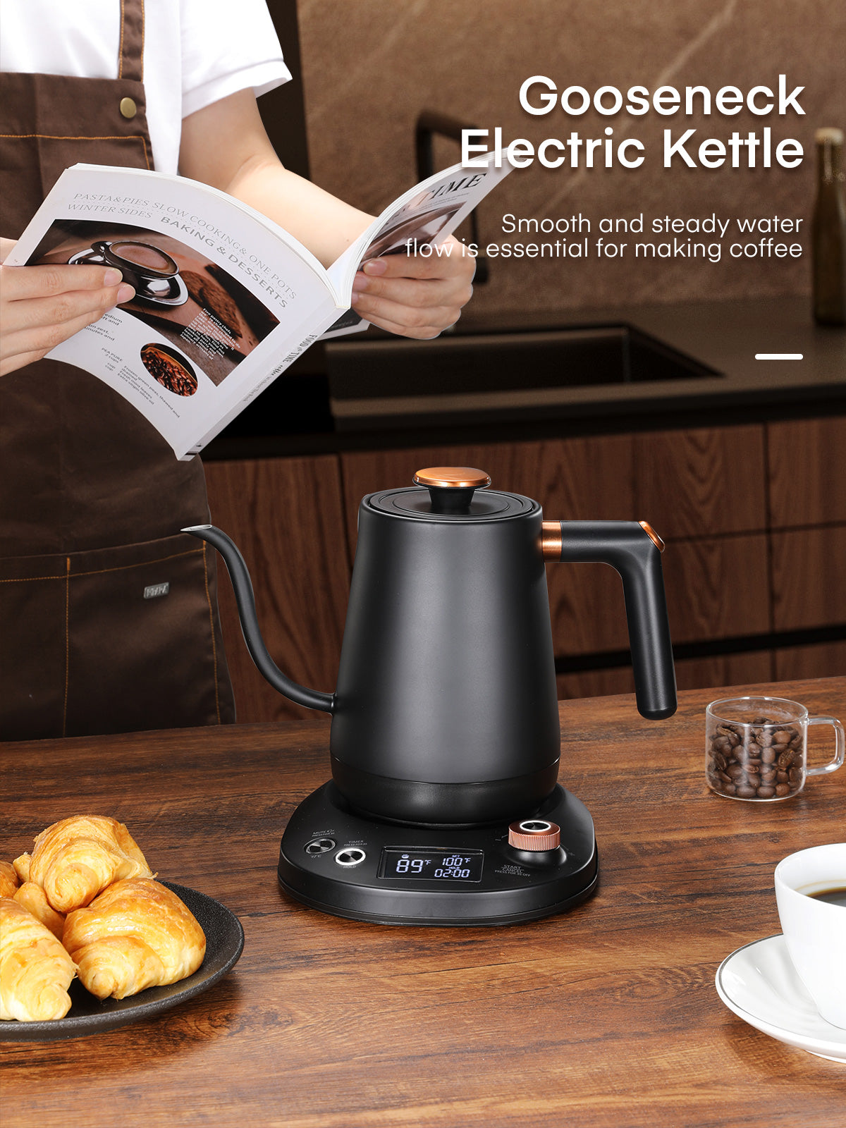Electric Gooseneck Kettle, Fellow Kettle ±1℉ Temperature Control, 0.8L Pour Over Electric Kettle for Coffee & Tea, Hot Water Boiler, Stainless Steel Inner, 1200W Rapid Heating,LCD Display,Matte Black