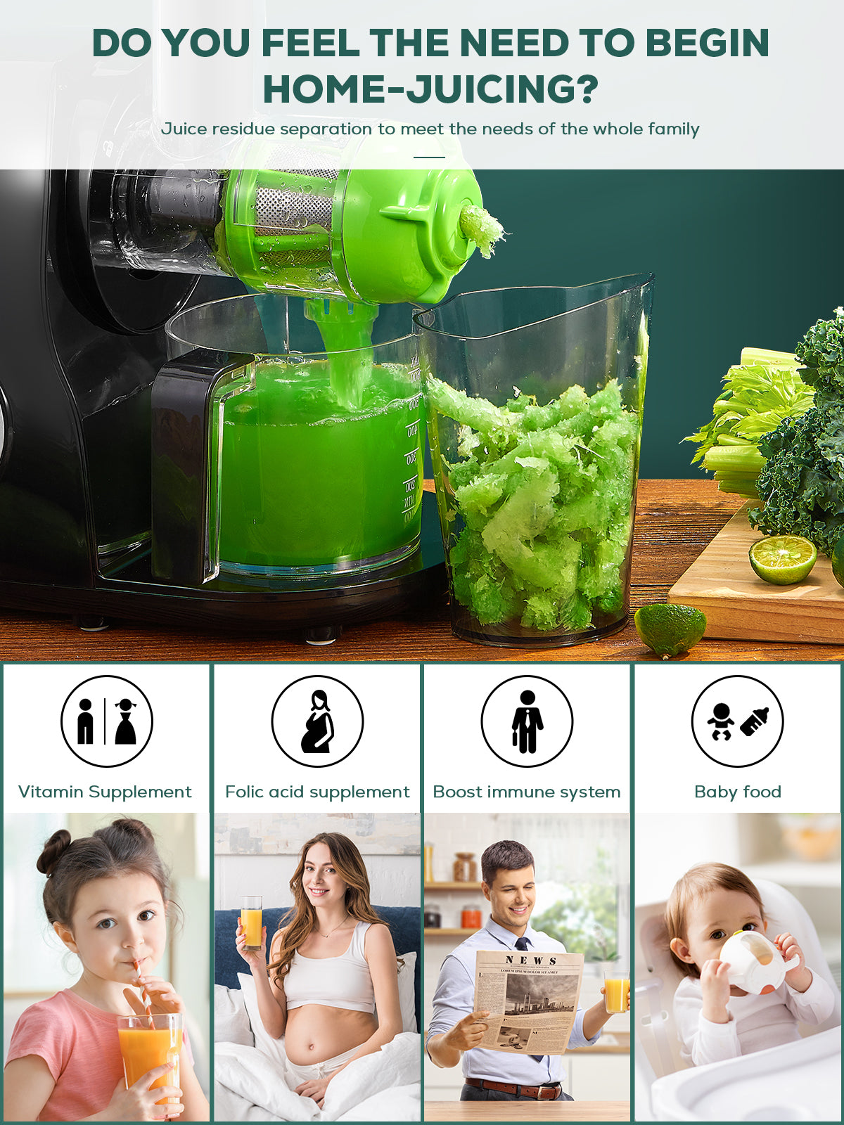 Juicer Machines, Aiheal Celery Slow Masticating Juicer Extractor Easy to Clean with Brush, Cold Press Juicer with Quiet Motor & Reverse Function for Fruits & Vegetables, Recipes