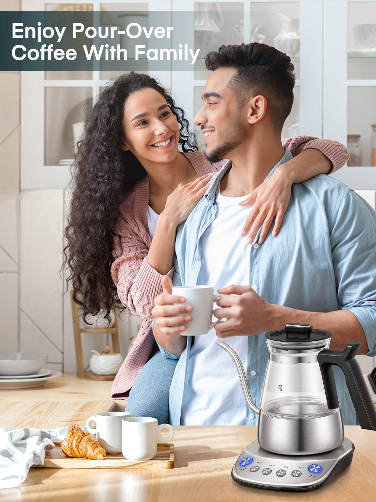 Electric Gooseneck Glass Kettle with Temperature Control, 1200W Rapid Boiling Electric Kettle for Pour-Over Tea Coffee, LCD Display, 2H Keep Warm, 0.8L, Silver