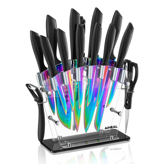 Knife Set, 16 Pieces High Carbon Stainless Steel Rainbow Color Kitchen Knife Set, Titanium Coating Blade, No Rust and Super Sharp Cutlery Knife Set with Acrylic Stand and Kitchen Scissors, Gift
