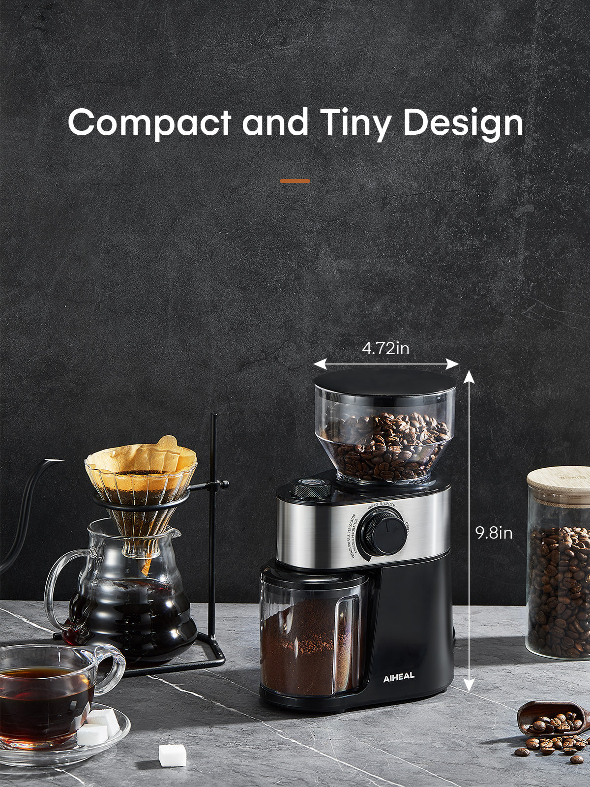 Electric Burr Coffee Grinder with 2-14 Cup Capacity, Aiheal Adjustable Burr Mill Coffee Bean Grinder with 18 Grind Settings for Espresso Drip Coffee and French Press, Black
