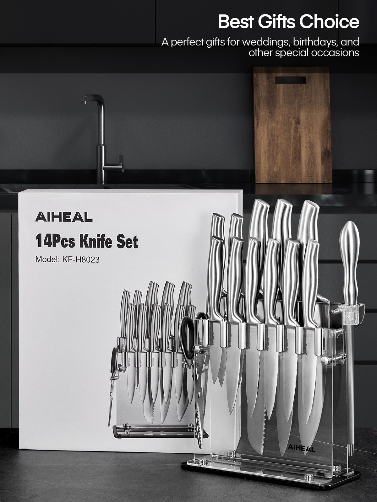 Aiheal Knife Set, 14PCS Stainless Steel Kitchen Knife Set with Clear Knife Block, No Rust and Super Sharp Cutlery Knife Set in One Piece Design with Knife Sharpener for Kitchen, Serrated Steak Knives