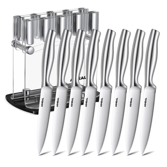 Aiheal Steak Knives with Clear Acrylic Stand, Steak Knives Set of 8, 4.5 Inch Stainless Steel Steak Knife Set, Sharp Micro-Serrated Steak Knives with Gift Box