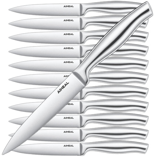 Steak Knives, Stainless Steel Steak Knives Set of 12, Never Needs Sharpening Dinner Steak Knife Set, 4.5 Inch Sharp Micro Serrated Steak Knives