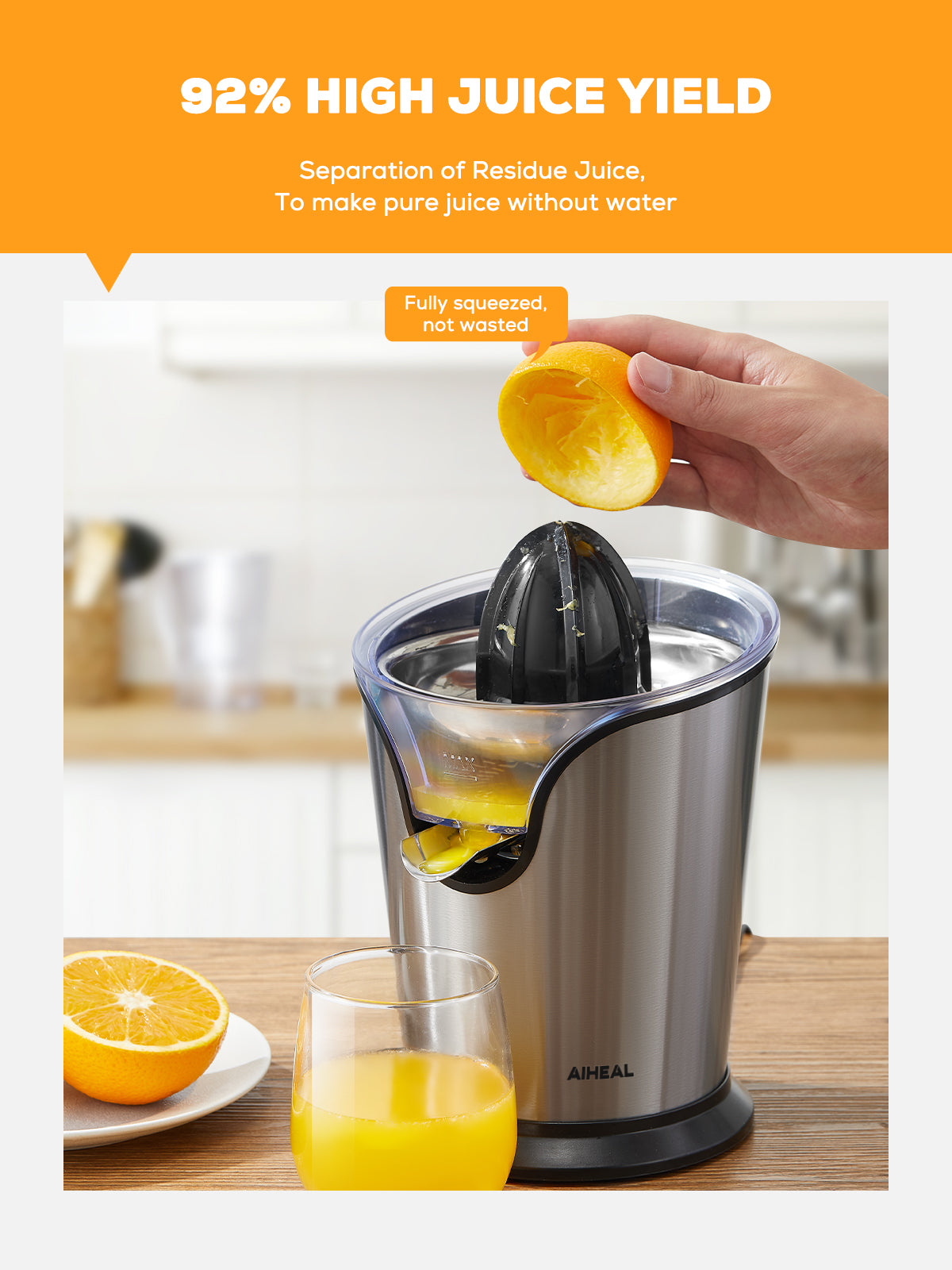 aiheal juicer, 92% high juice yield, separation of residue juice, to make pure juice without water
