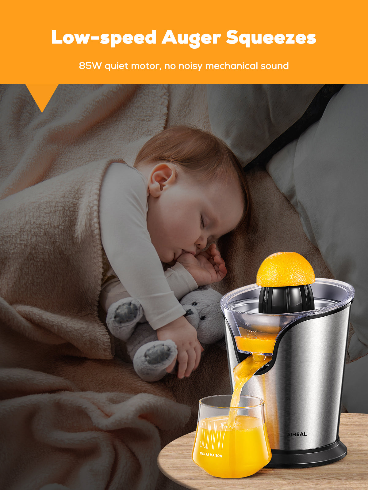 aiheal juicer, low-speed auger squeezes, quiet motor, no noisy mechanical sound