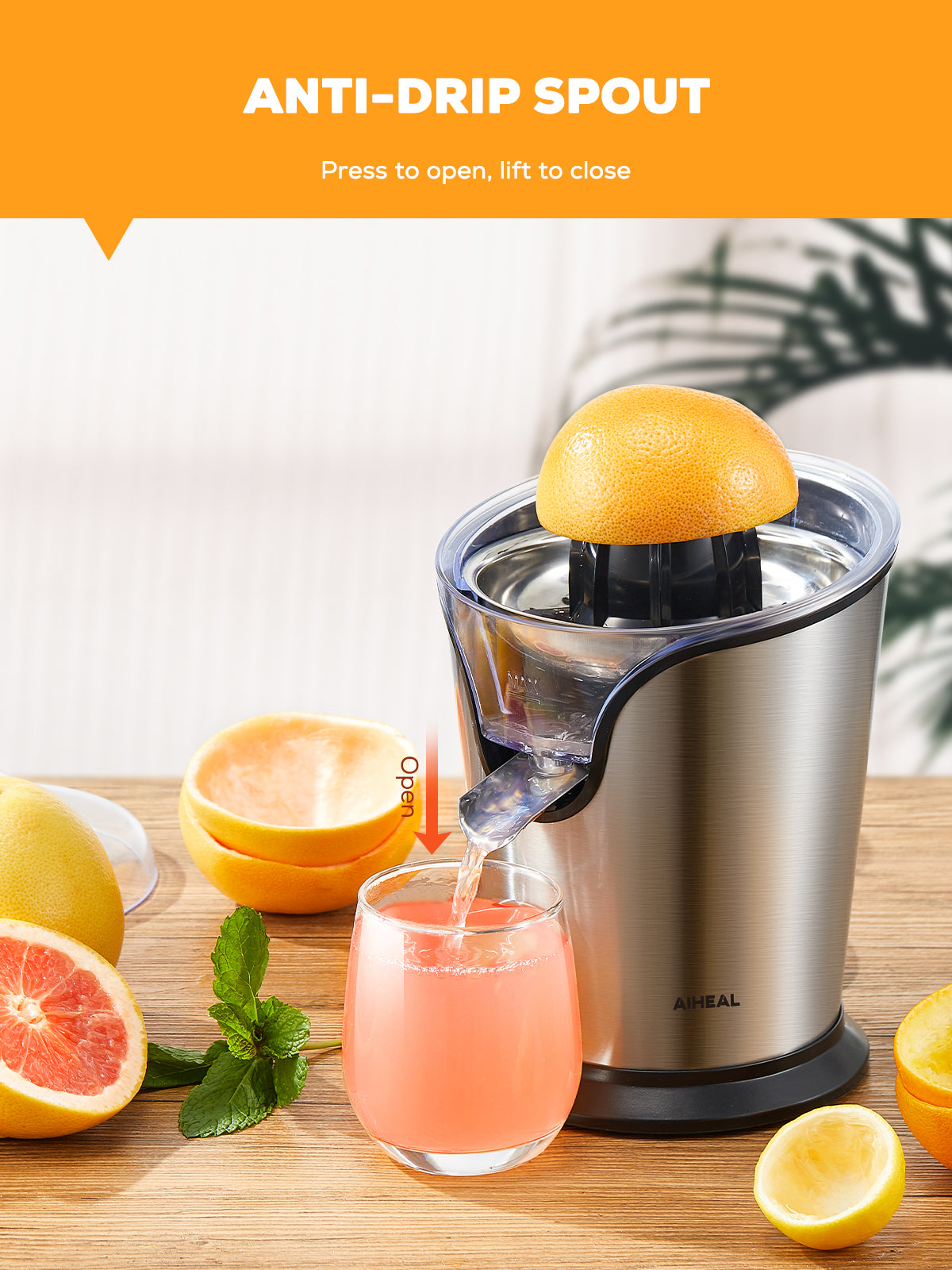 aiheal juicer, anti-drip spout, press to open, lift to close