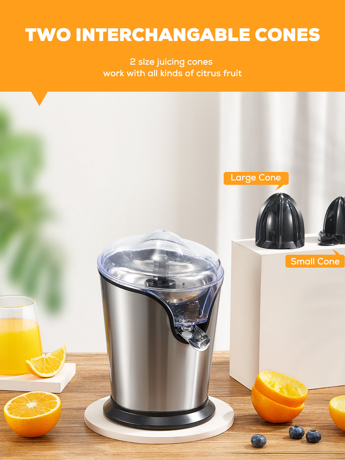 aiheal juicer, two interchangable cones, work with all kinds of citrus fruit